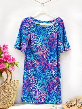 Cappagallo Coral Reef Print Dress Size Medium Blue Pink Ruffle Sleeve Shift Dres